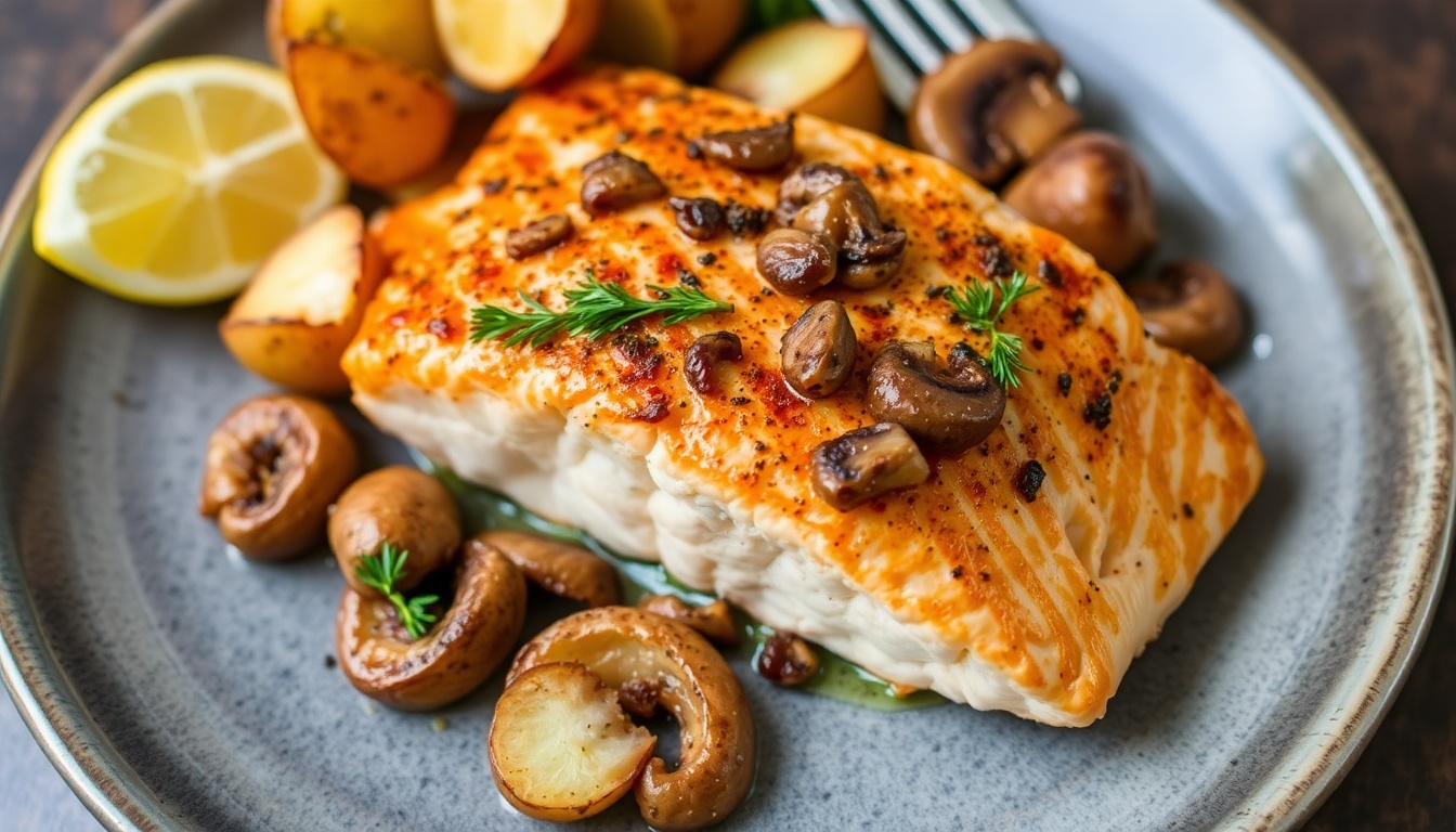 Air Fryer Salmon with Roasted Potatoes and Mushrooms
