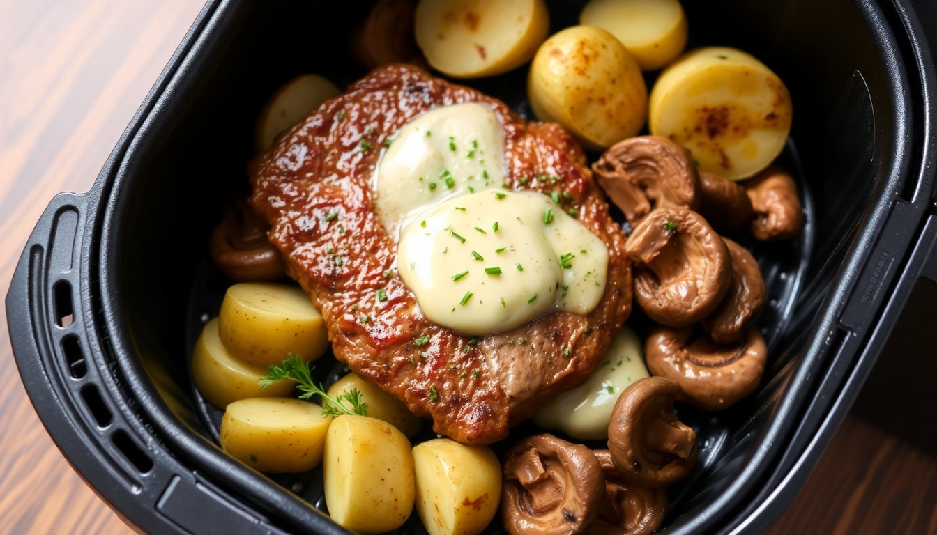 Air Fryer Steak, Potatoes, and Mushrooms